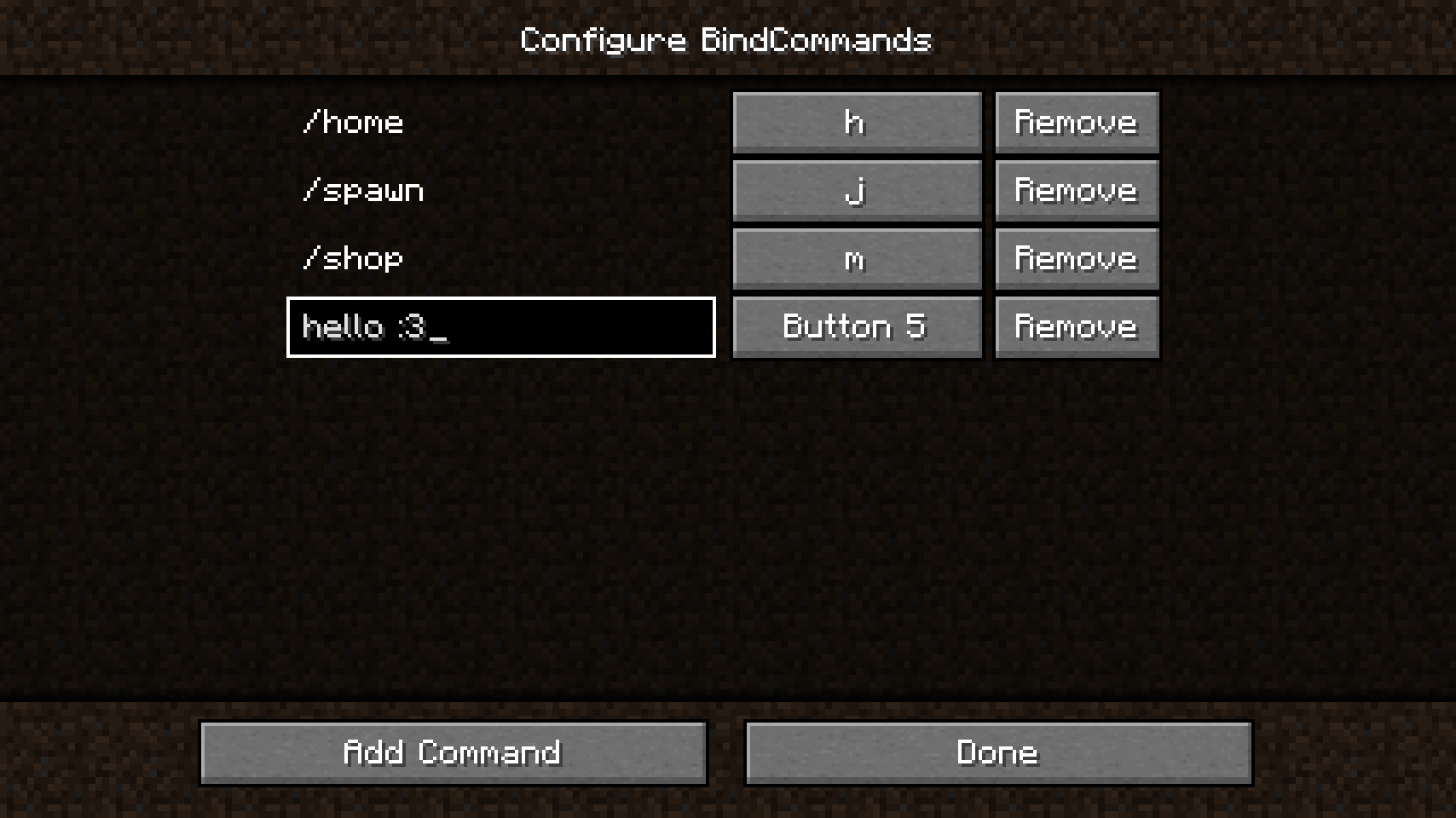 Configuration menu of BindCommands